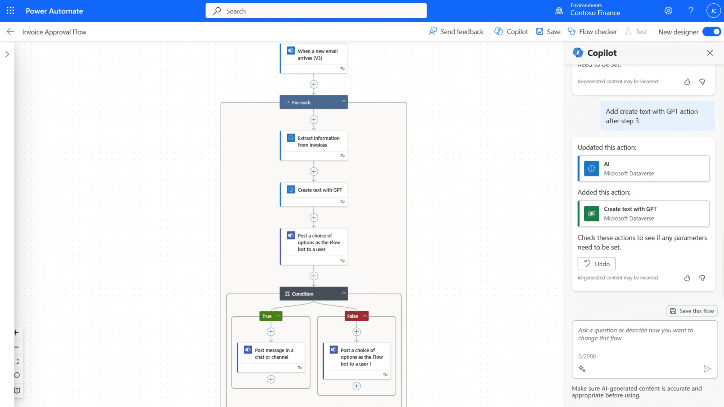 Power Automate invoice approval flow with conditional branching and Copilot suggestions panel