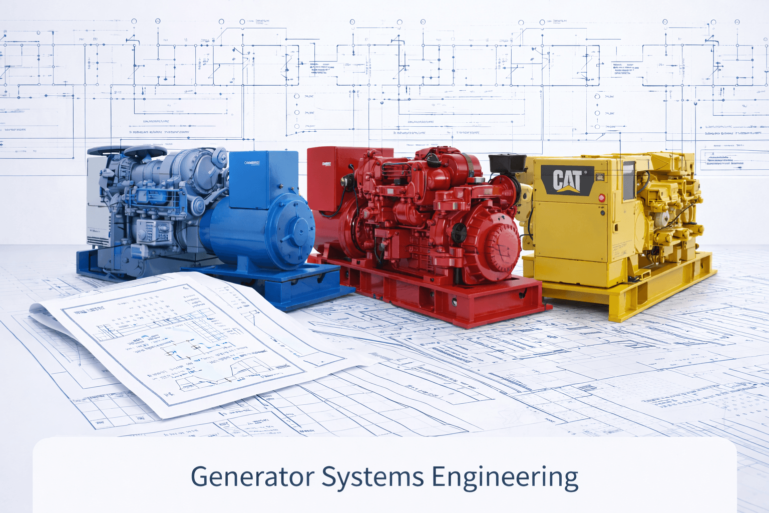 Generator systems engineering illustration with multiple industrial generator sets